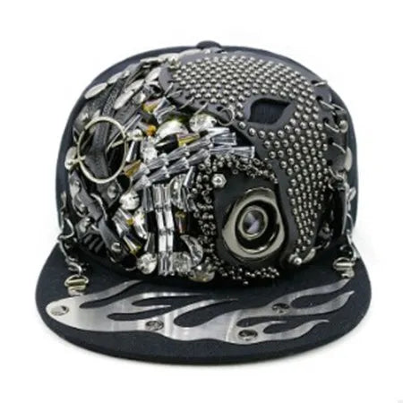 Novelty Personality Hip Hop Cap For Men And Women Punk Style Trend Flat Brim Cap Skull Rivet Headdress Decorated Lovers Hat