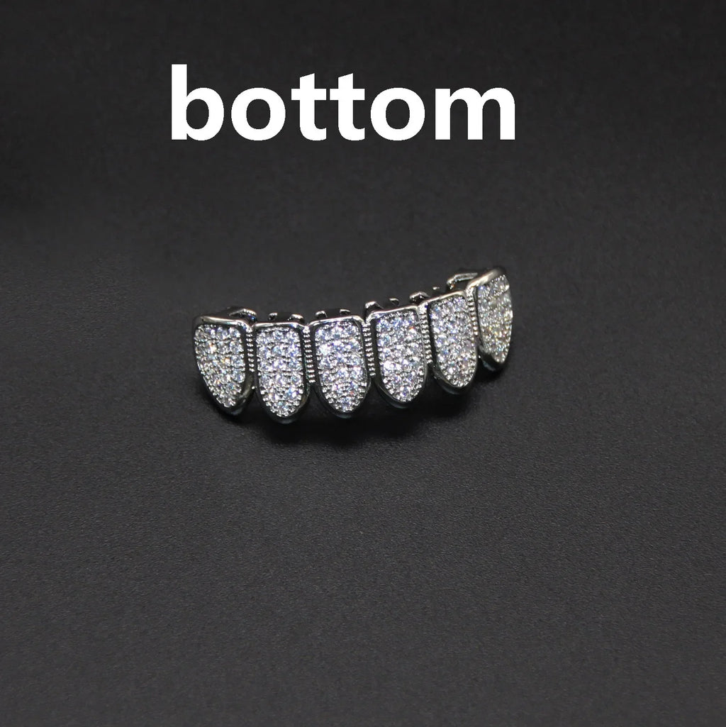 High Quality HipHop CZ Teeth Set For Unisex Top Bottom Mouth Gold Silver Color Teeth Tooth Cap Removable Dental Fashion Jewelry