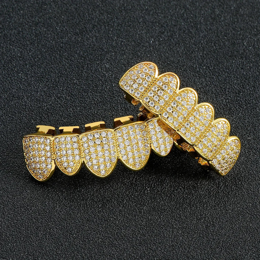 High Quality HipHop CZ Teeth Set For Unisex Top Bottom Mouth Gold Silver Color Teeth Tooth Cap Removable Dental Fashion Jewelry