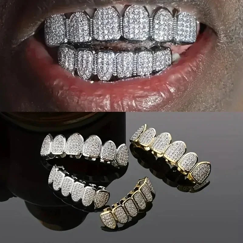 High Quality HipHop CZ Teeth Set For Unisex Top Bottom Mouth Gold Silver Color Teeth Tooth Cap Removable Dental Fashion Jewelry