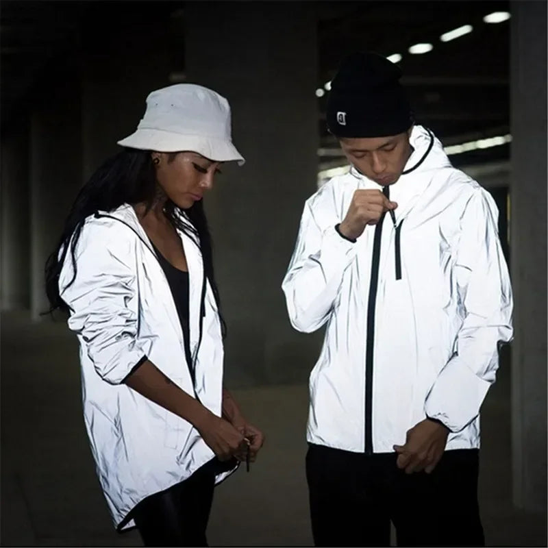 Night Reflective Hooded Jacket Men Women Couples Outdoor Casual Windproof Riding Running Coats Party Show Hip Hop Streetwear
