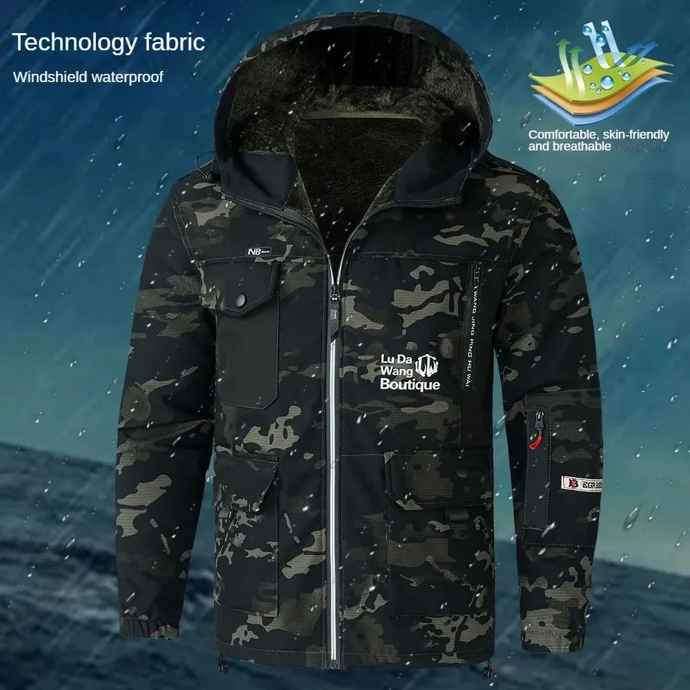 Autumn And Winter Men's Plush Camouflage Waterproof And Windproof Outdoor Warm And Protective Mountain Climbing Clothing Set