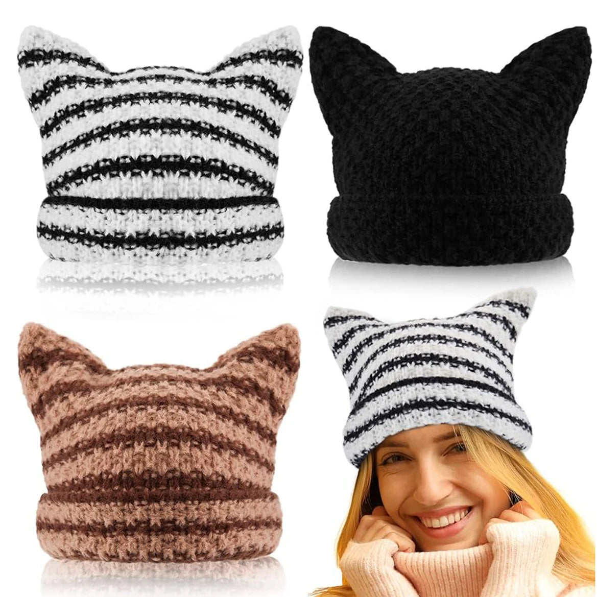 New Japanese Streetwear Harajuku Beanie Little Devil Striped Knitted Hat Women Girls Autumn Winter Cute Cat Ears Cap