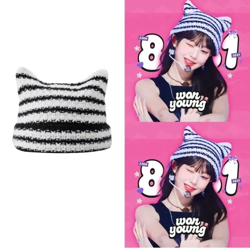 New Japanese Streetwear Harajuku Beanie Little Devil Striped Knitted Hat Women Girls Autumn Winter Cute Cat Ears Cap