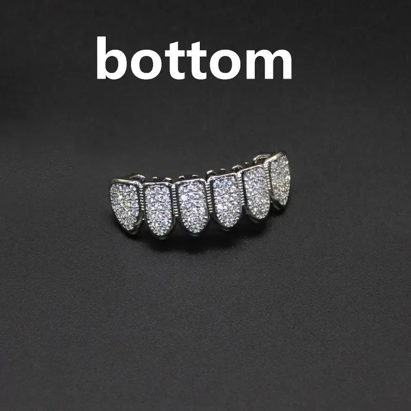 High Quality HipHop CZ Teeth Set For Unisex Top Bottom Mouth Gold Silver Color Teeth Tooth Cap Removable Dental Fashion Jewelry