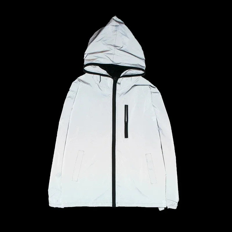 Night Reflective Hooded Jacket Men Women Couples Outdoor Casual Windproof Riding Running Coats Party Show Hip Hop Streetwear