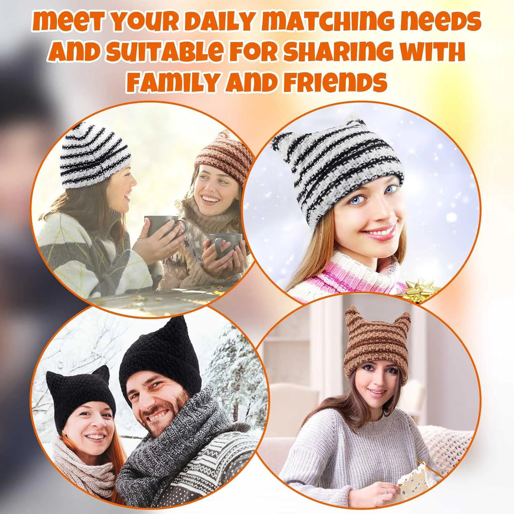 New Japanese Streetwear Harajuku Beanie Little Devil Striped Knitted Hat Women Girls Autumn Winter Cute Cat Ears Cap