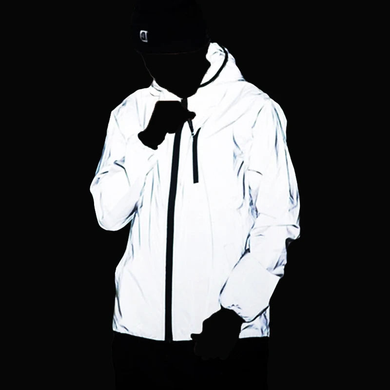 Night Reflective Hooded Jacket Men Women Couples Outdoor Casual Windproof Riding Running Coats Party Show Hip Hop Streetwear